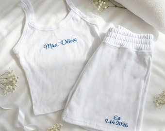 Embroidered Custom Name Date Mrs Tank And Shorts Set, Personalized Bride Pajamas, Bridal Shower Outfit, Engagement Gift, Bridal Lounge Wear