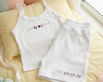 Embroidered Custom Initials and Date Mrs Tank And Shorts Set, Personalized Bride Pajamas, Bridal Shower Outfit, Engagement Gift for Her