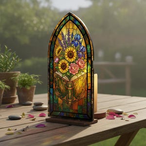 May include: Stained glass window art featuring a bouquet of sunflowers, irises, and peonies emerging from an open book. The window is arched and set on a wooden base, with a candle to the side. The color palette includes yellow, blue, pink, and green.
