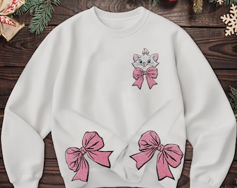 Embroidered Coquette Bow Side Bow Marie Cat Sweatshirt, Disney The Aristocats Sweatshirt,