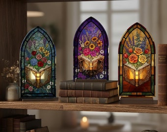 Candelabro atrapasol con forma de libro de flores personalizado, letrero de biblioteca, letrero de estantería, regalo para amantes de los libros de fantasía y lectores.