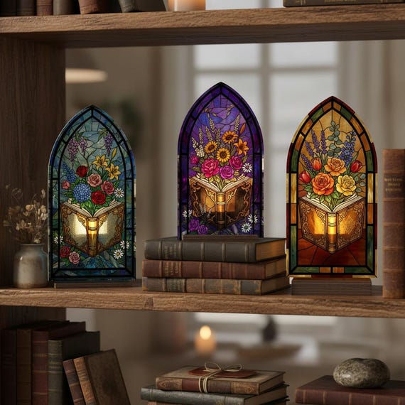 Custom Flower Book Stain Glass Window Book Nook Suncatcher Candle Holder, Library Sign, Bookshelf Sign, Fantasy Book Lover & Reader Gift