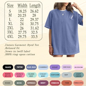 May include: A blue jean Comfort Colors T-shirt with a relaxed fit. The image includes a size chart with measurements in inches and a color palette featuring shades like black, violet, and light green. Made of 100% ring-spun cotton.