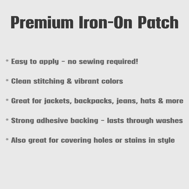K&ouml;nnte beinhalten: Wei&szlig;er Hintergrund mit Text: "Premium Iron-On Patch." Aufz&auml;hlungspunkte beschreiben Eigenschaften: einfache Anwendung, saubere N&auml;hte, lebendige Farben, geeignet f&uuml;r verschiedene Artikel, starker Kleber und zum Abdecken von L&ouml;chern oder Flecken.
