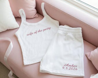 Embroidered Custom Name Wife of The Party Mrs Tank And Shorts Set, Personalized Bride Pajamas, Bridal Shower Outfit, Engagement Gift for Her