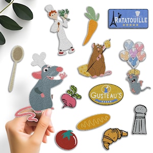 May include: A set of 12 iron-on patches featuring characters and objects from the animated film Ratatouille. The patches include Remy the rat, Linguini, a carrot, a baguette, a red tomato, a radish, a salt shaker, a chef's hat, a sign that says "Gusteau's", a sign that says "Ratatouille", and a bunch of colorful balloons.