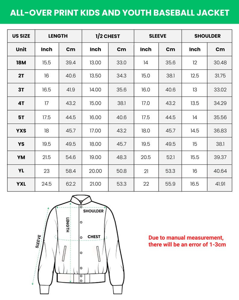 Puede incluir: Tabla de tallas para una chaqueta de b&eacute;isbol en varios tama&ntilde;os para ni&ntilde;os y j&oacute;venes. La tabla muestra las medidas en pulgadas y cent&iacute;metros para la longitud, 1/2 pecho, manga y hombro.