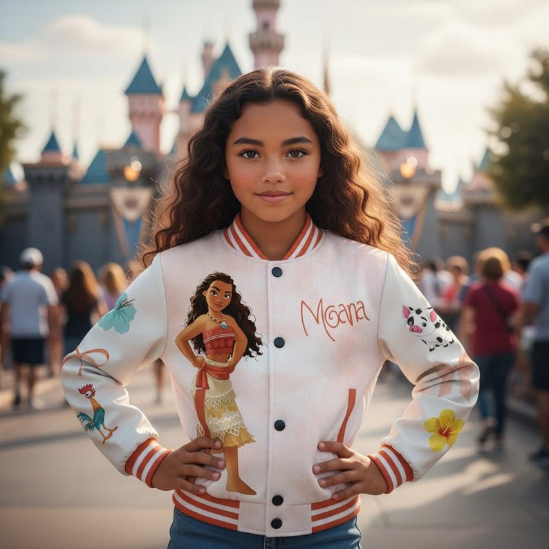 Chaqueta universitaria con lazo de princesa Moana de Disney para niña, chaqueta universitaria para viaje de princesa a Disneyland de WDW, sudadera de cumpleaños de princesa para niña imagen 1
