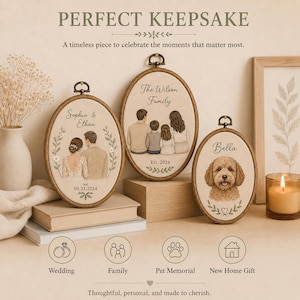 May include: Three oval embroidery hoops featuring custom illustrations: a couple labeled Sophia & Ethan with 09.21.2024, a family labeled The Wilson Family with Est. 2024, and a dog labeled Bella. Each hoop has a wooden frame and a metal hanging loop.