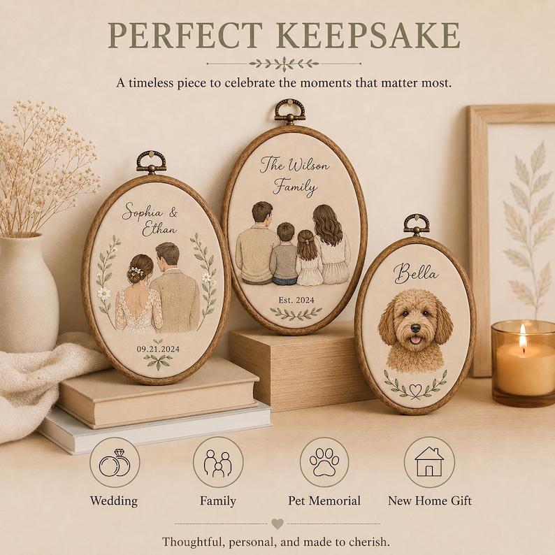 May include: Three oval embroidery hoops featuring custom illustrations: a couple labeled Sophia & Ethan with 09.21.2024, a family labeled The Wilson Family with Est. 2024, and a dog labeled Bella. Each hoop has a wooden frame and a metal hanging loop.