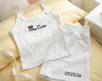 Embroidered Custom Name Minnie Mouse Mrs Pajama Set, Personalized Tank And Shorts, Bridal Shower Outfit, Engagement Gift, Disney Bride Pjs