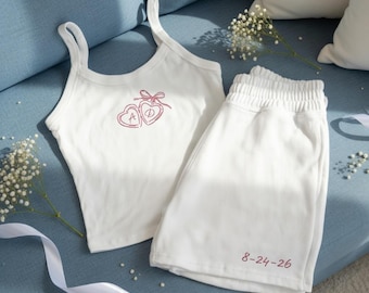 Embroidered Custom Initials Heart Locket Bride Pjs, Personalized Mrs Tank And Shorts Set, Bridal Shower Outfit, Engagement Gift for Her