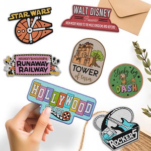 May include: A collection of colorful embroidered patches featuring various Disney and Star Wars themes. The patches include Mickey Mouse's Runaway Railway, Tower of Terror, Slinky Dog Dash, Hollywood Studios, and Star Wars.