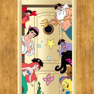 May include: A colorful door decal featuring characters from the Little Mermaid and The Little Mermaid II: Return to the Sea. The decal features Ariel, Ursula, Prince Eric, King Triton, and Sebastian. The decal is perfect for adding a touch of Disney magic to any door.