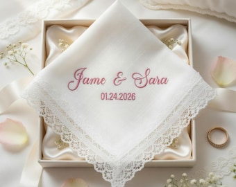 Custom Embroidered Linen Wedding Handkerchief, Personalized Lace Hankie, Bride and Groom Wedding Day Keepsake, Anniversary Gift