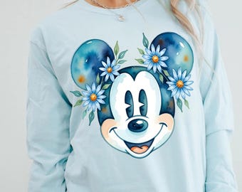 Floral Mickey Mouse Ears Watercolor Shirt, Aesthetic Botanical Disney Tee, Cute Mouse Shirt, Disneyland Family Trip Outfit, Mickey Fan Gift