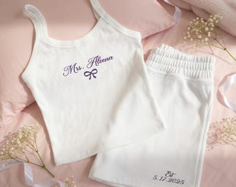 Embroidered Custom Name Date Mrs Tank And Shorts Set, Personalized Bride Pajamas, Bridal Lounge Wear, Engagement Gift, Getting Ready Outfit