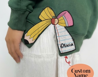 Sudadera con nombre personalizado para profesor/a, lazos laterales recortados, sudadera con capucha con bordado navideño a cuadros, lazo escolar, camiseta con lazo lateral tipo lápiz