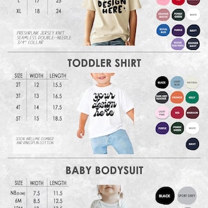 May include: Image showcasing youth, toddler, and baby apparel. The image includes size charts and color options for t-shirts and bodysuits. Each garment features the text "YOUR DESIGN HERE".