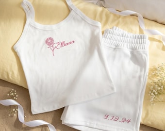 Embroidered Custom Name Birth Month Flower Mrs Pajama Set, Personalized Women Tank And Shorts, Bridal Shower Outfit, Engagement Gift for Her
