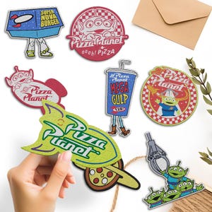 May include: A set of nine embroidered patches featuring characters and logos from the movie Toy Story. The patches are colorful and feature a variety of designs, including the Pizza Planet logo, the Pizza Planet spaceship, and the alien characters from the movie. The patches are perfect for adding a touch of Toy Story fun to your clothing, bags, or other accessories.