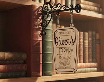 Letrero vintage personalizado con nombre para biblioteca, taberna, con etiqueta de madera, letrero floral para librería, decoración de accesorios para libros, regalo para amantes de los libros.