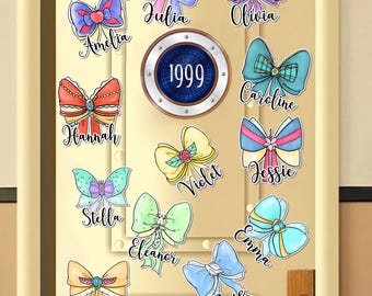 Custom Name Coquette Bows Watercolor  Princess Magnet, Aurora Ariel Belle Cinderella Tiana Magnet, Disney Girl Cruise Door Magnets