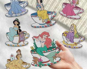 Embroidered Disney Princess Tea Cup Patch, Disney Girl  Embroidery Patches, Ariel Belle Cinderella Disney Patch For Backpack Clothing
