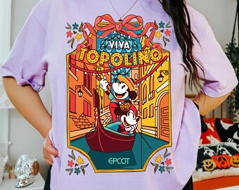 Mickey and Minnie Mouse Gondola Viva Topolino Coquette Bow Shirt, Italy Pavilion Epcot World Showcase Tee, Disneyland Family Trip Outfit