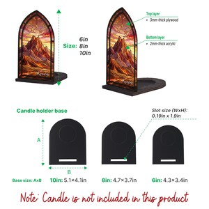 May include: A stained glass-style candle holder with a mountain landscape design. The holder is available in 6, 8, and 10-inch sizes. The base is black, and the stained glass panel features warm colors. The text "Kendra" is visible on the panel.
