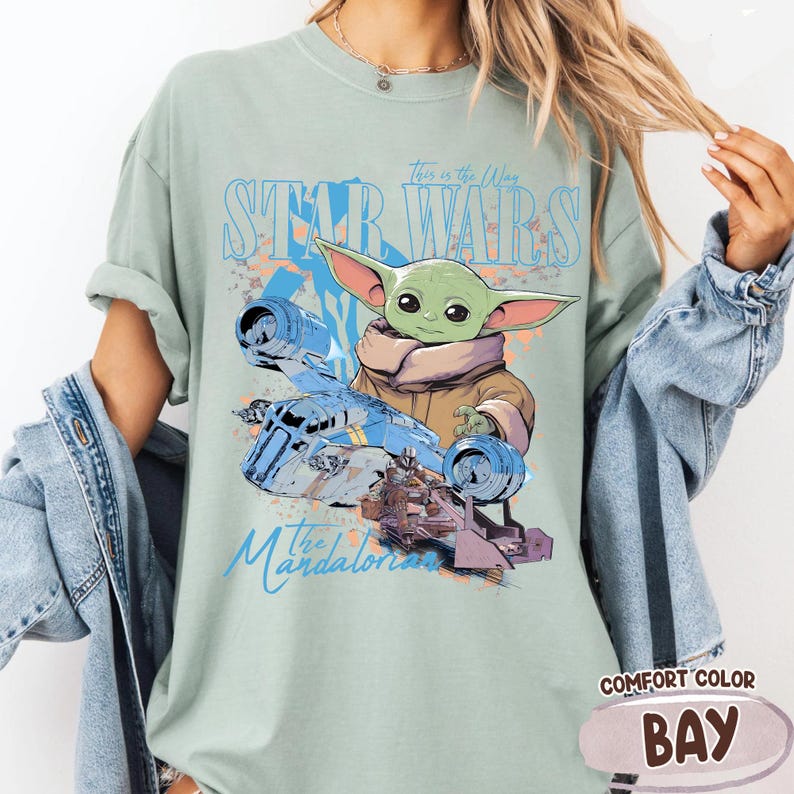 Retro Star Wars The Mandalorian Grogu Shirt, Checkered Baby Yoda Razor Crest Tee, Galaxy's Edge Trip Outfit, Sci Fi Fan Gift image 15