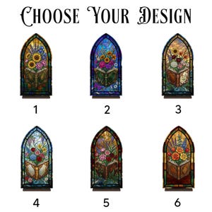May include: The image displays six stained-glass designs, each featuring a floral arrangement emerging from an open book. The text "CHOOSE YOUR DESIGN" is at the top. Each design is numbered, offering a selection of colorful, artistic options.