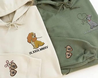 Custom Embroidered Lady and The Tramp Couple Matching Sweatshirt, Locket On Sleeve, Roman Numerals Anniversary, Disney Embroidery Sweater