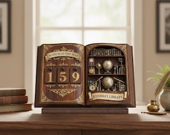 Letrero de seguimiento de libros con temática de "El Estudio del Explorador", con nombre personalizado, contador de libros académicos vintage leídos este año, regalo personalizado para amantes de los libros.
