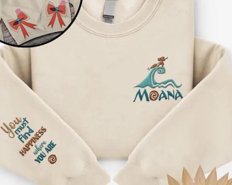 Embroidered Moana Motunui Pua And Hei Hei Coquette Side Bow Sweatshirt, Princess Embroidery Sweater, 2024 Girls Trip, World, Birthday Gift