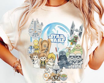 Cute Star Wars Characters Chibi Shirt, Mandalorian Vader Leia Han Solo Skywalker Hutt Tee, Sci Fi Fan Gift, WDW Galaxy's Edge Trip Outfit