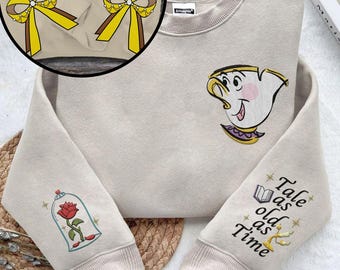 Embroidered Chip And Enchanted Rose Tale As Old As Time Coquette Side Bow Sweatshirt, Disney Beauty And The Beast Shirt, Disney Family Trip