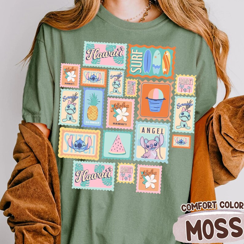 Disney Lilo and Stitch Inspired Stamps Shirt, Angel Stitch and Scrump Hawaii Vibes Tee, Beach Vacation Shirt, Disneyland Family Summer Trip image 10