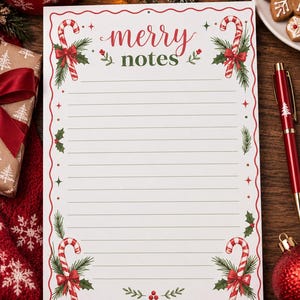 May include: A white rectangular stationery sheet with horizontal lines and a scalloped red border. The paper features the text merry notes in red and green, decorated with illustrations of candy canes, holly leaves, and red berries.