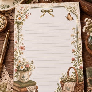 May include: A rectangular sheet of lined stationery paper featuring a decorative border with floral illustrations, a small brown butterfly, and a green ribbon bow at the top. The design includes a pitcher of flowers on books and a woven basket.