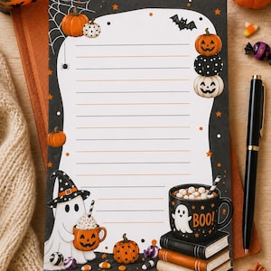 May include: A rectangular sheet of stationery featuring a white lined writing area bordered by a black frame with Halloween illustrations including pumpkins, a ghost wearing a witch hat, a mug with the text BOO!, bats, and spiderwebs.