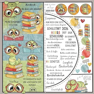 Könnte beinhalten: Eine farbenfrohe Illustration mit einem Comic-Bücherwurm mit Brille und Bücherstapeln. Der Text enthält Sätze wie „Meine Superkraft ist Lesen“ und „Schulstart 2026“. Das Design enthält Herzen und Akzente im Aquarellstil.