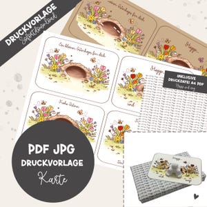May include: A collection of printable Easter-themed cards with illustrations of a rabbit burrow surrounded by flowers and bees. The cards have text in German, including "Frohe Ostern" and "Ein kleiner Osterhaps für dich." The image also includes the text "PDF JPG DRUCKVORLAGE Karte."