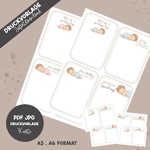 May include: Printable baby shower cards with illustrations of sleeping babies. The cards have text in German, including "Alles Liebe zur heiligen Taufe" and "Dein Erster Sparstrumpf." The image also includes the text "DRUCKVORLAGE Sofort download" and "PDF JPG DRUCKVORLAGE Karte A5, A6 FORMAT."