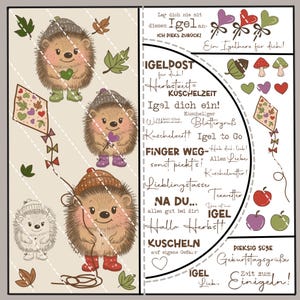 May include: A whimsical illustration featuring three cartoon hedgehogs wearing hats and boots, surrounded by autumn leaves and a kite. The image includes text in German, with phrases like "Hello Autumn!" and "Cuddle Time!"
