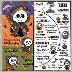 Könnte beinhalten: Eine Halloween-Grafik mit einer Cartoon-Figur des Sensenmanns, die eine Sense hält, umgeben von Textblasen mit Sätzen wie "Happy Halloween" und "Gib mir Schokolade!" Das Design hat einen orangefarbenen und schwarzen Hintergrund.