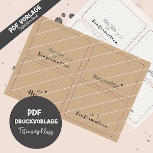 Könnte beinhalten: Druckbare PDF-Vorlage für Geschenkumschläge mit braunem Kraftpapier-Hintergrund und weißen Punkten. Der Text auf den Umschlägen lautet "Alles Liebe zur Konfirmation".