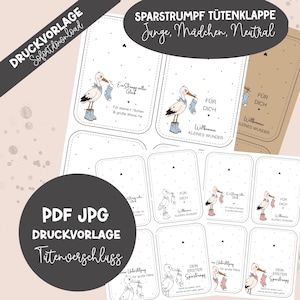Könnte beinhalten: Eine Sammlung von druckbaren Baby-Geschenkanhängern. Die Anhänger zeigen einen Storch mit Babysocken und Text auf Deutsch. Die Anhänger sind in einer neutralen Farbpalette gehalten, passend für ein Baby.