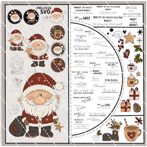 Op de afbeelding: Een digitaal ontwerp met illustraties van de kerstman en feestelijke elementen. Bevat een grote kerstman-afbeelding met een zak en een ster, samen met kleinere kerstman-ontwerpen en feestelijke tekst.