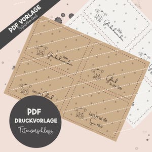 May include: Printable PDF template for gift tags featuring a cute cow illustration and various sayings like "Dein Glückwunsch" and "Ganz viel Glück".